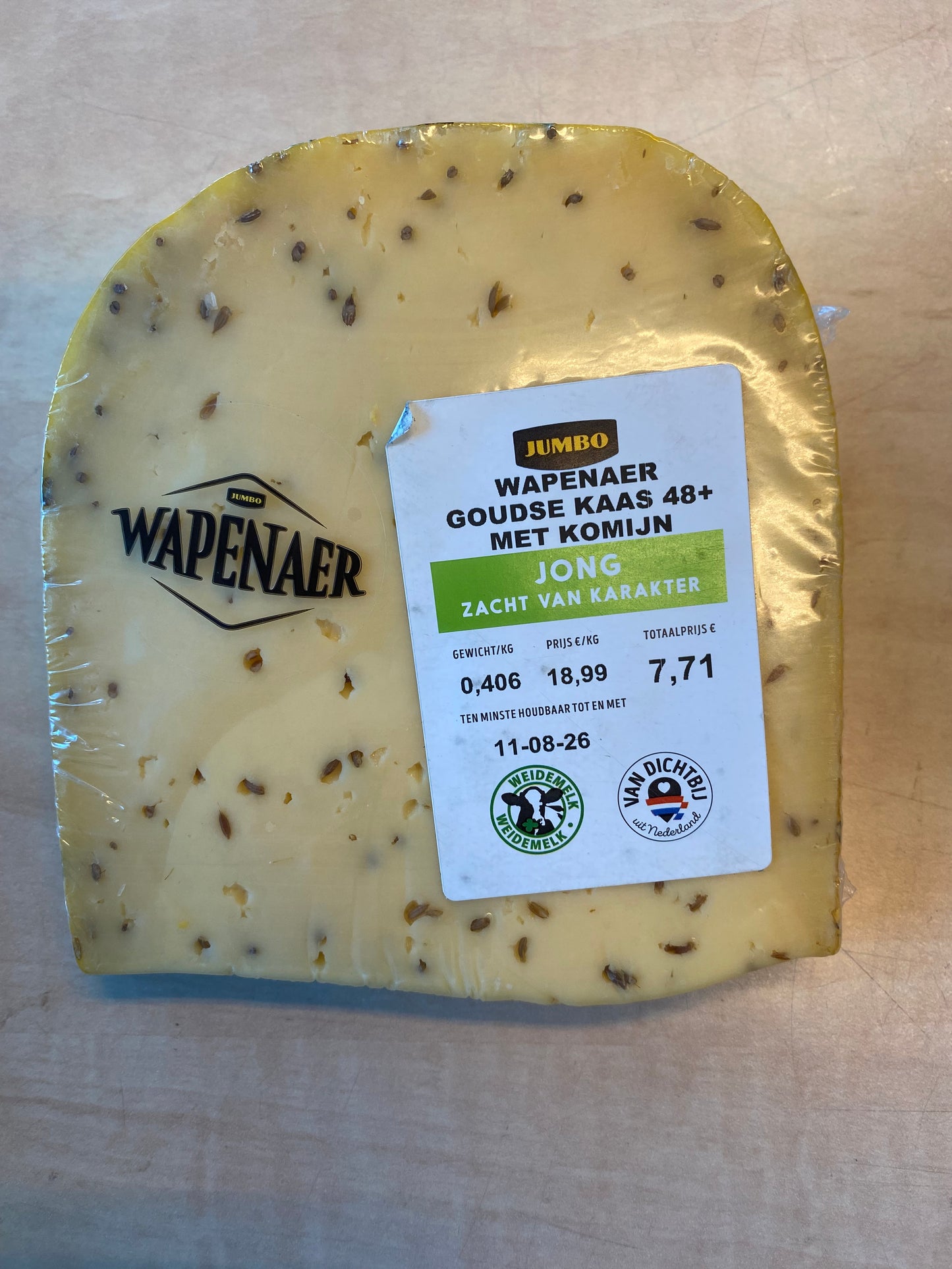 Kaas, Jong, 48+, met komijn, ca. 400g per verpakking