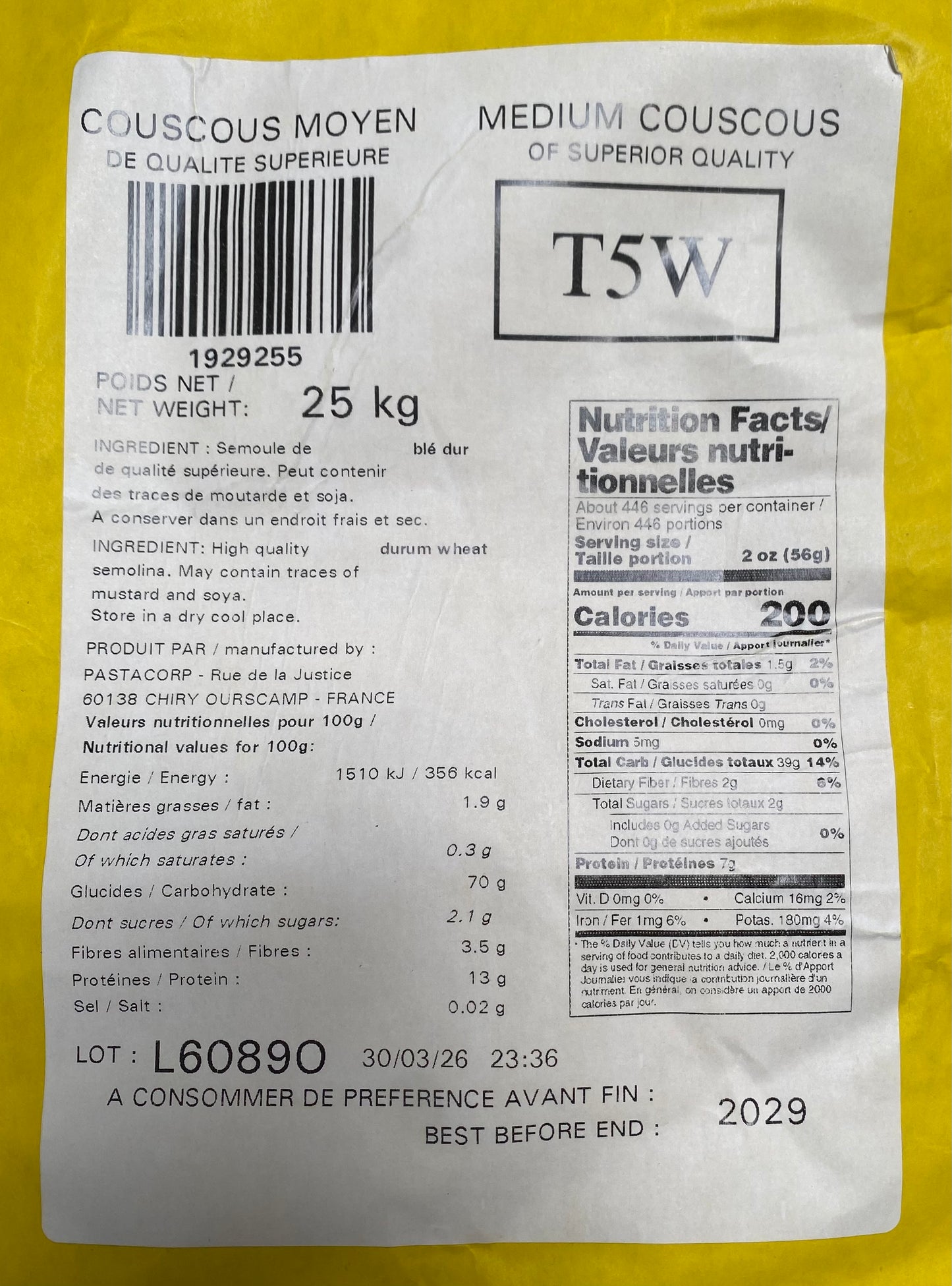 Couscous, maat M, ca. 25kg per baal