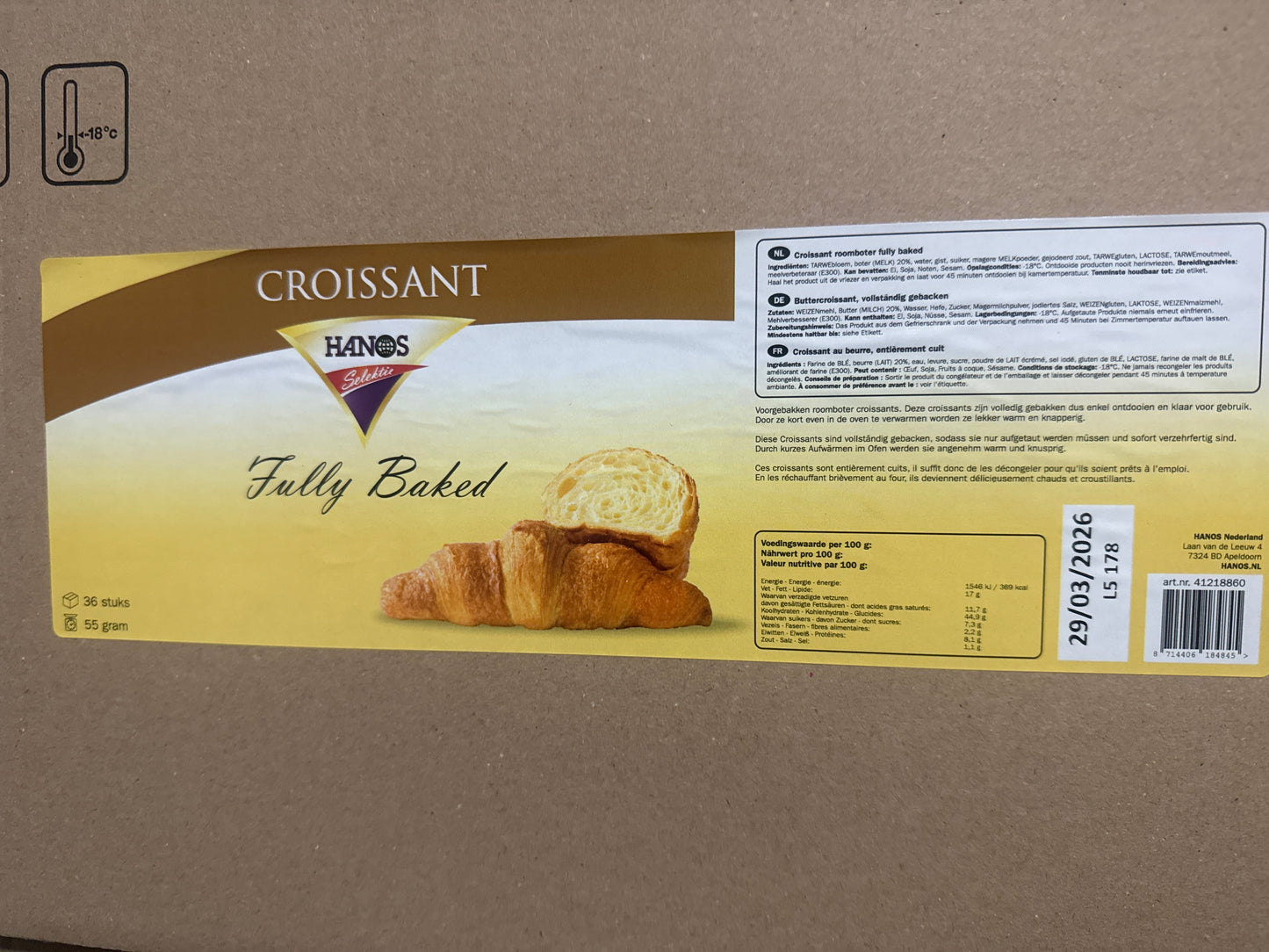 Croissants, fully baked, 36x55gr per verpakking, diepvries