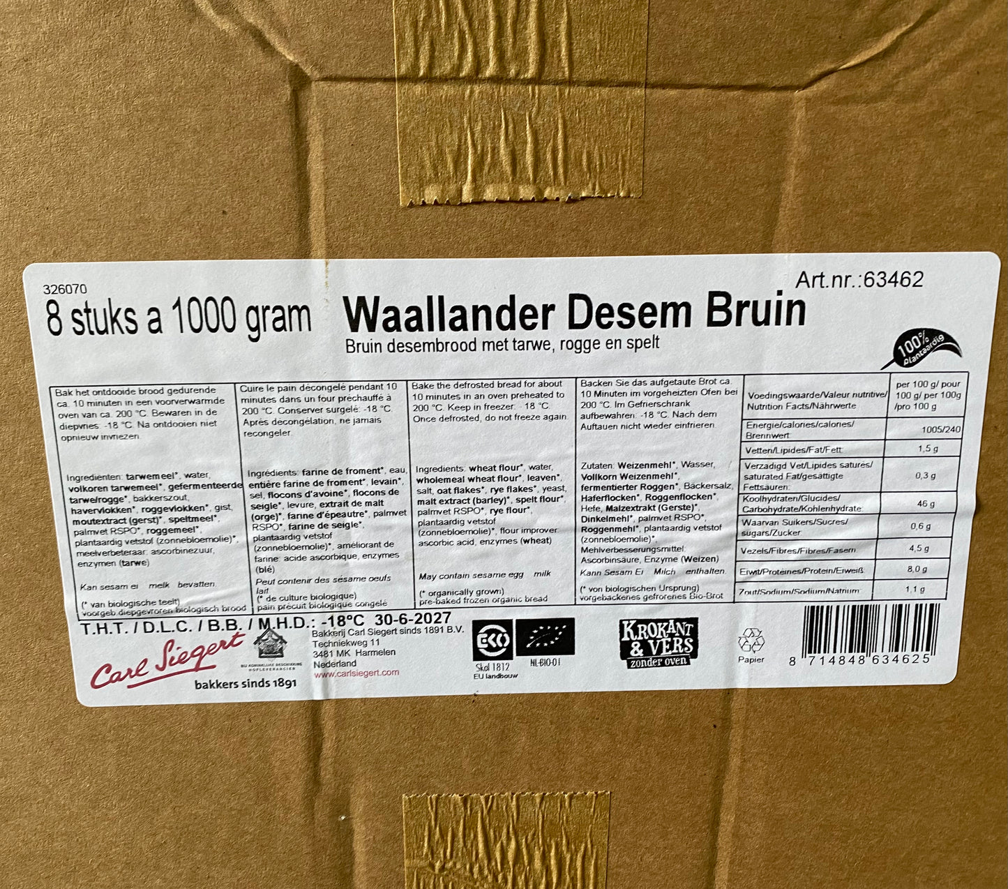 Brood, Waallander, Bruin, Desem, ca. 1kg per stuk, Diepvries