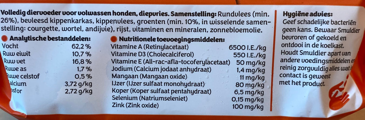 Dierenvoeding, Rundvlees met groenten, Diepvries, per 12 verpakkingen (met elk 4 porties a 60g)